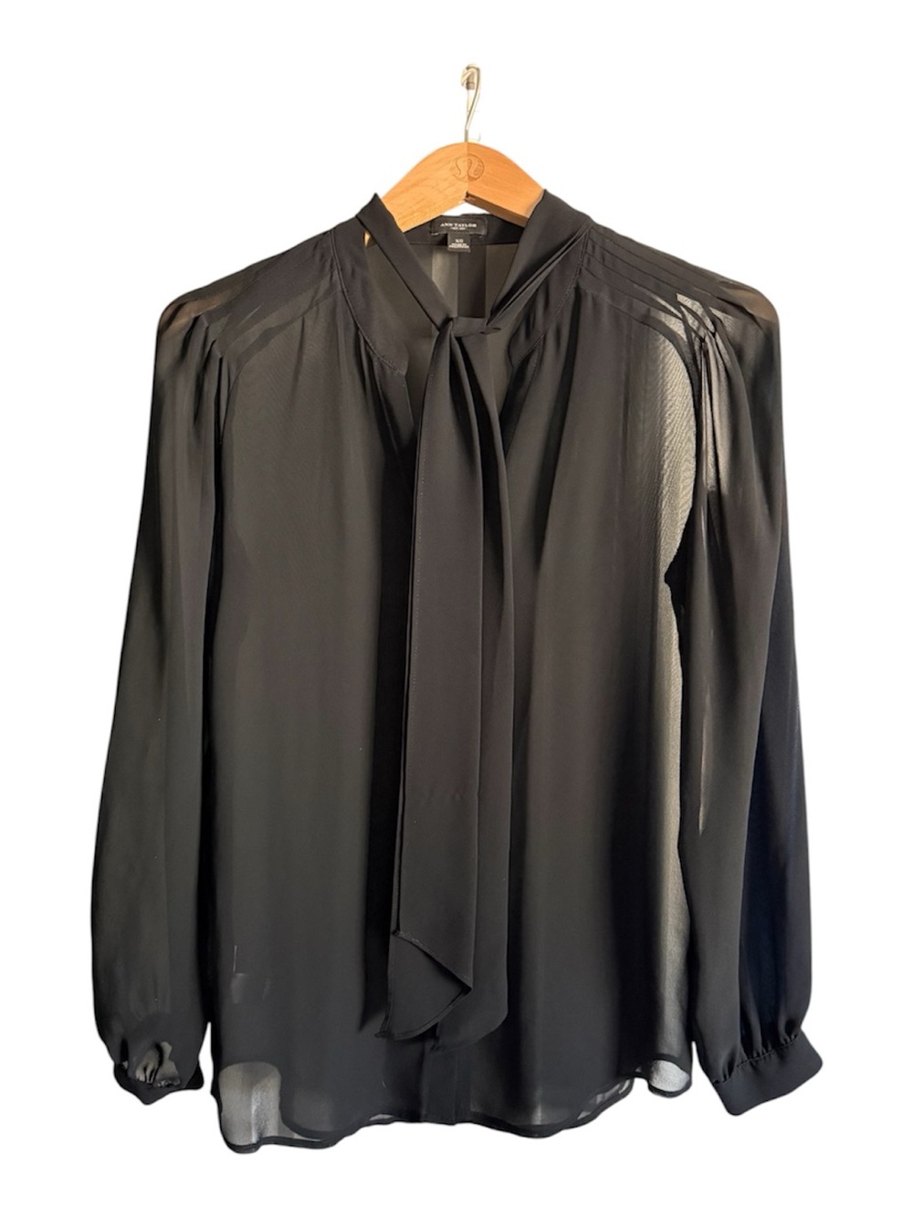 Ann Taylor Sheer Black Tie-Neck Blouse